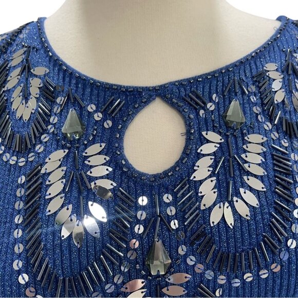 Blue Long Sleeve Ribbed Sequin Embellished Sweater M Glam Sparkly Festival Chic - Picture 7 of 11